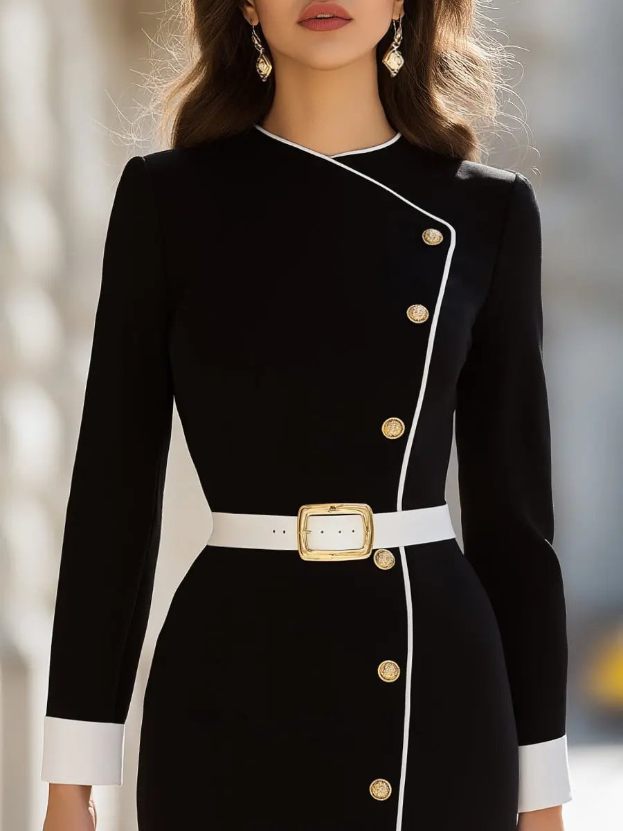 Asymmetrical Button-Front with Contrast Trim - Midi Dress CASA LARO