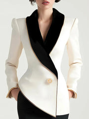 Asymmetrical White Blazer with Black Contrast Lapels - Women's Tailored Blazer CASA LARO