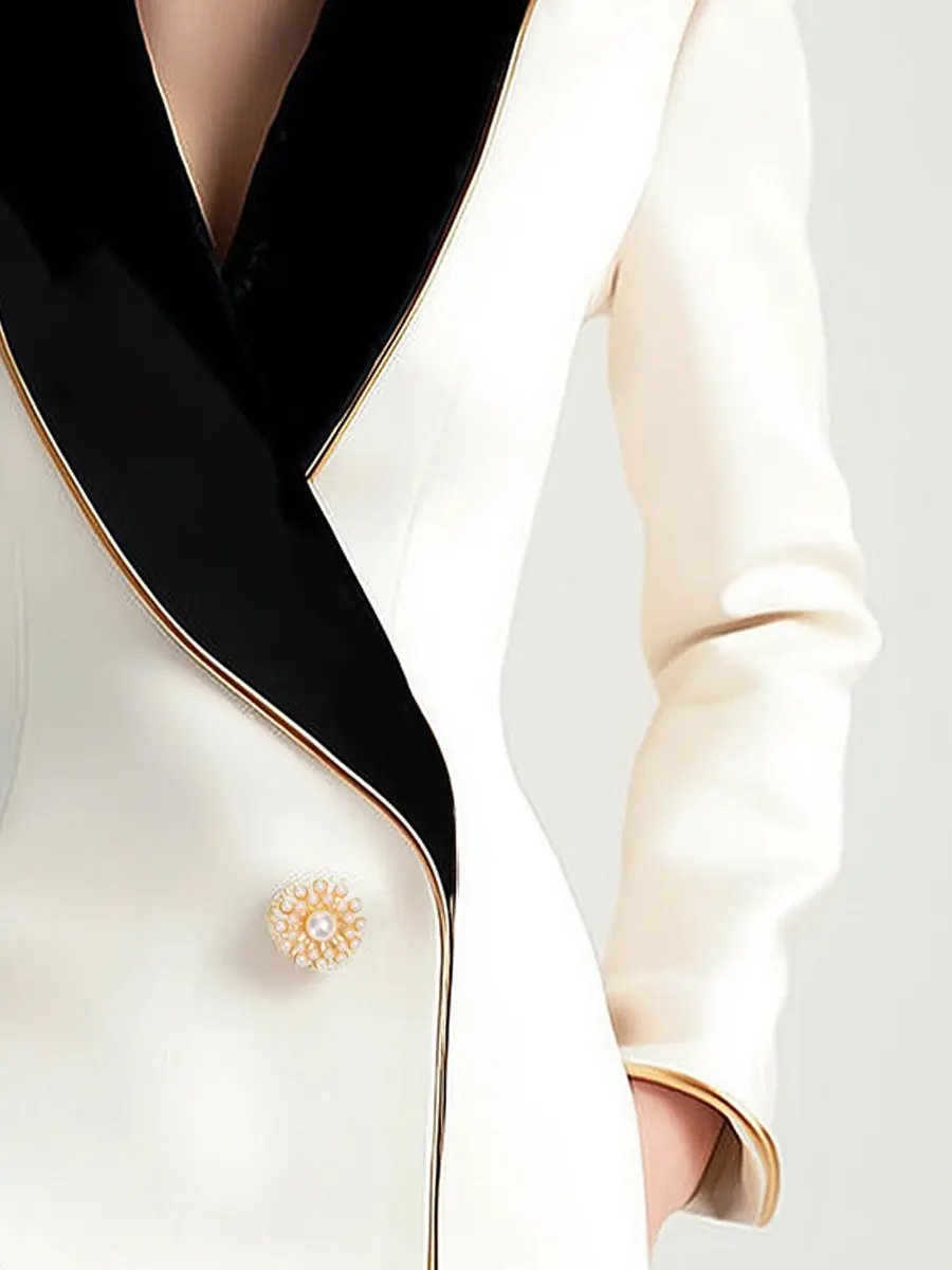 Asymmetrical White Blazer with Black Contrast Lapels - Women's Tailored Blazer CASA LARO