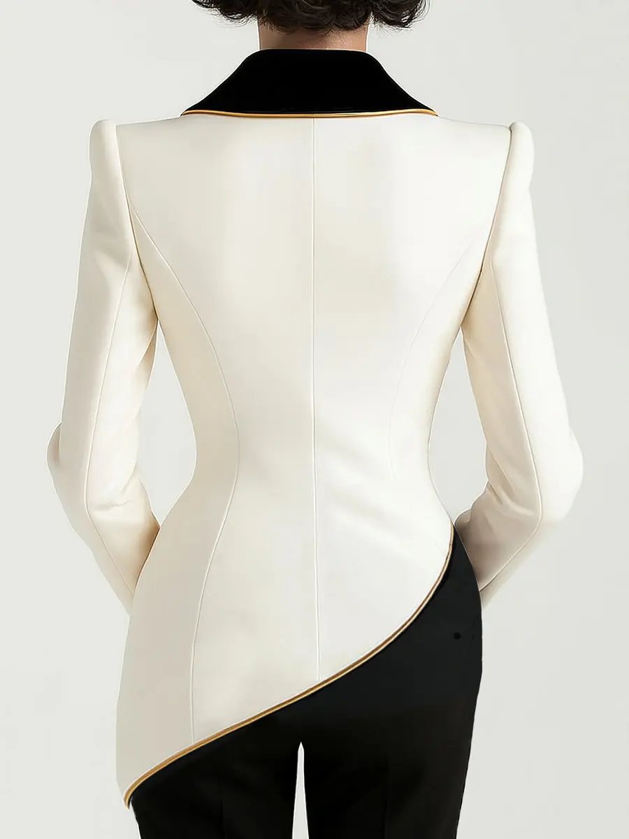 Asymmetrical White Blazer with Black Contrast Lapels - Women's Tailored Blazer CASA LARO