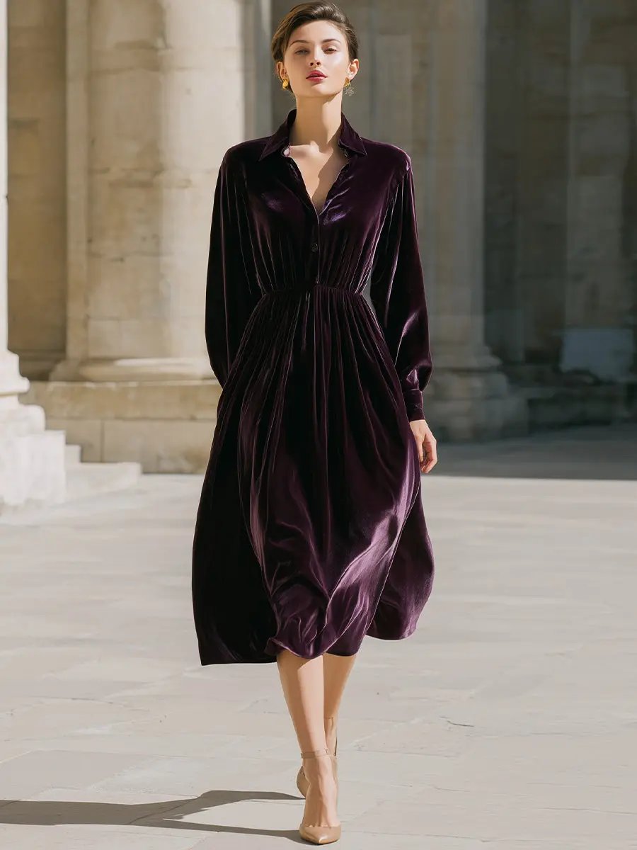 Aubergine Velvet Button-Front Shirt Dress - Midi Dress CASA LARO