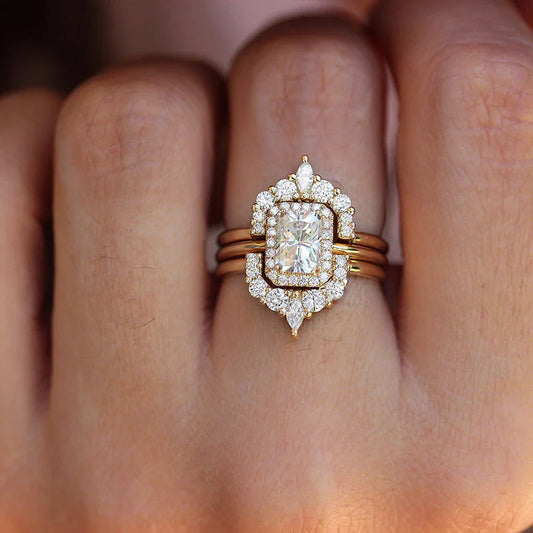Radiant Cut 3PC Sterling Silver Bridal Sets In Golden Tone Shineofdiamond