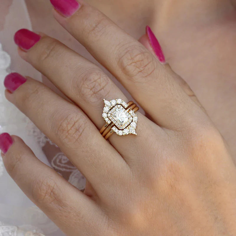 Radiant Cut 3PC Sterling Silver Bridal Sets In Golden Tone Shineofdiamond