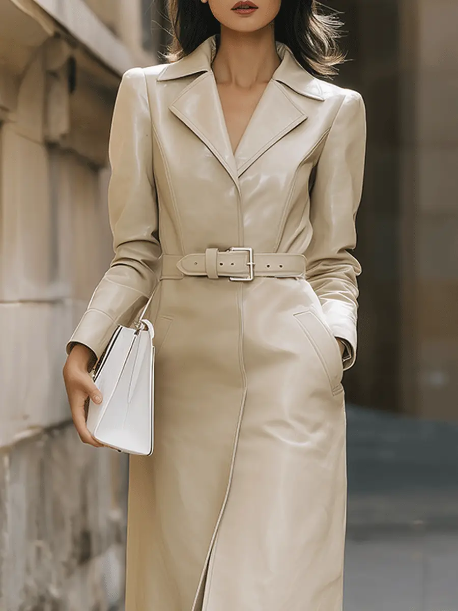 Beige Belted Faux Leather Trench-Style - Midi Dress CASA LARO