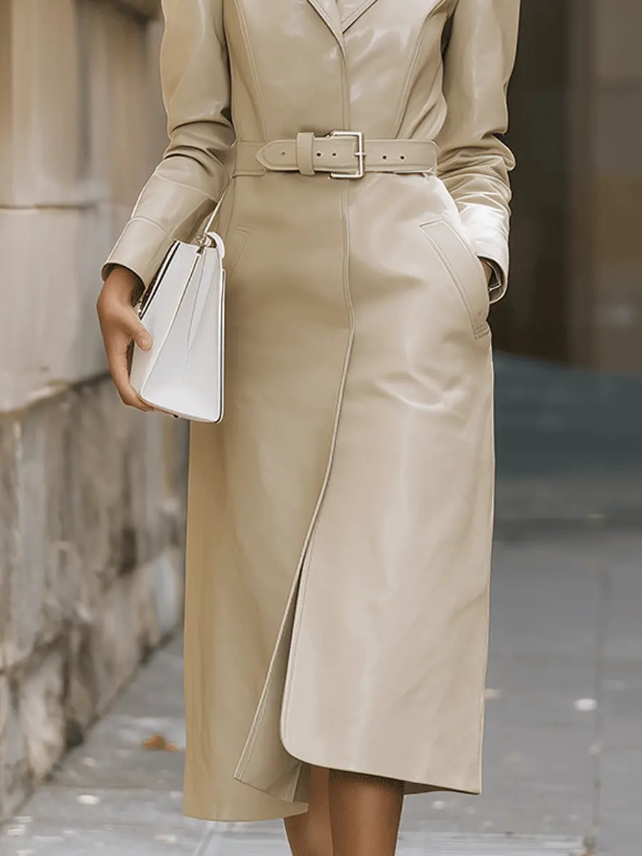 Beige Belted Faux Leather Trench-Style - Midi Dress CASA LARO