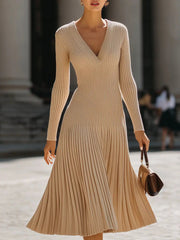Beige Ribbed Knit Pleated Design - Midi Dress CASA LARO