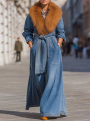 Belted Denim Maxi Coat With Faux Fur Collar - Maxi Coat CASA LARO