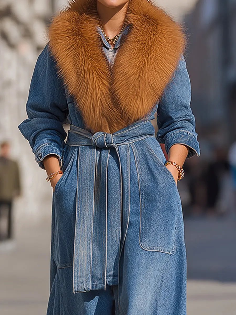 Belted Denim Maxi Coat With Faux Fur Collar - Maxi Coat CASA LARO