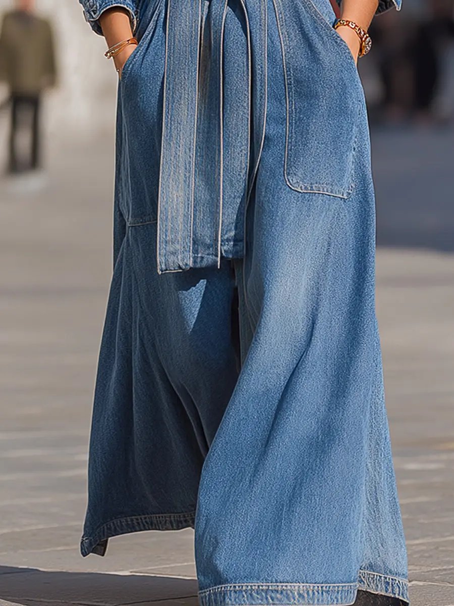 Belted Denim Maxi Coat With Faux Fur Collar - Maxi Coat CASA LARO