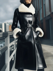 Black Belted Shearling-Collar Coat - Winter Coat CASA LARO