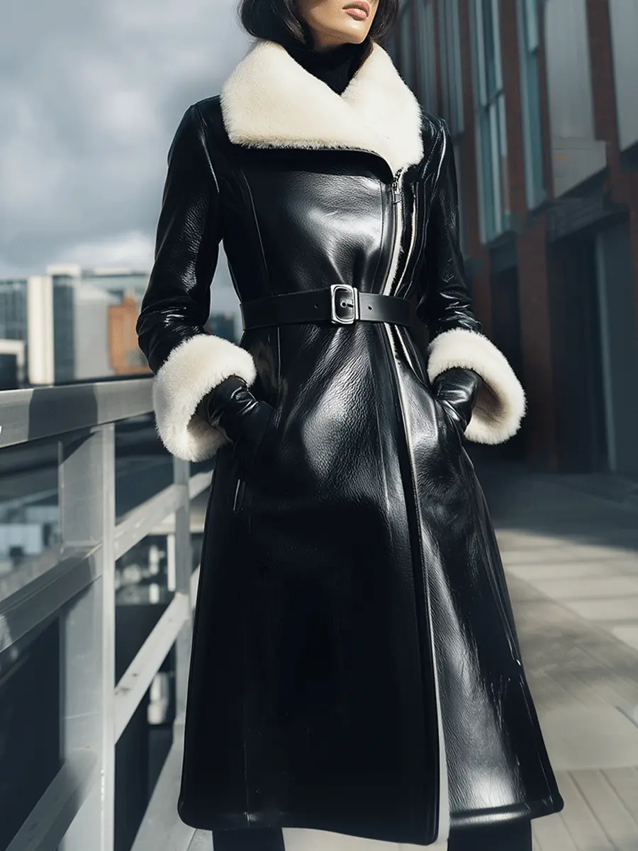 Black Belted Shearling-Collar Coat - Winter Coat CASA LARO
