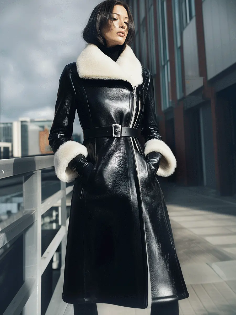 Black Belted Shearling-Collar Coat - Winter Coat CASA LARO