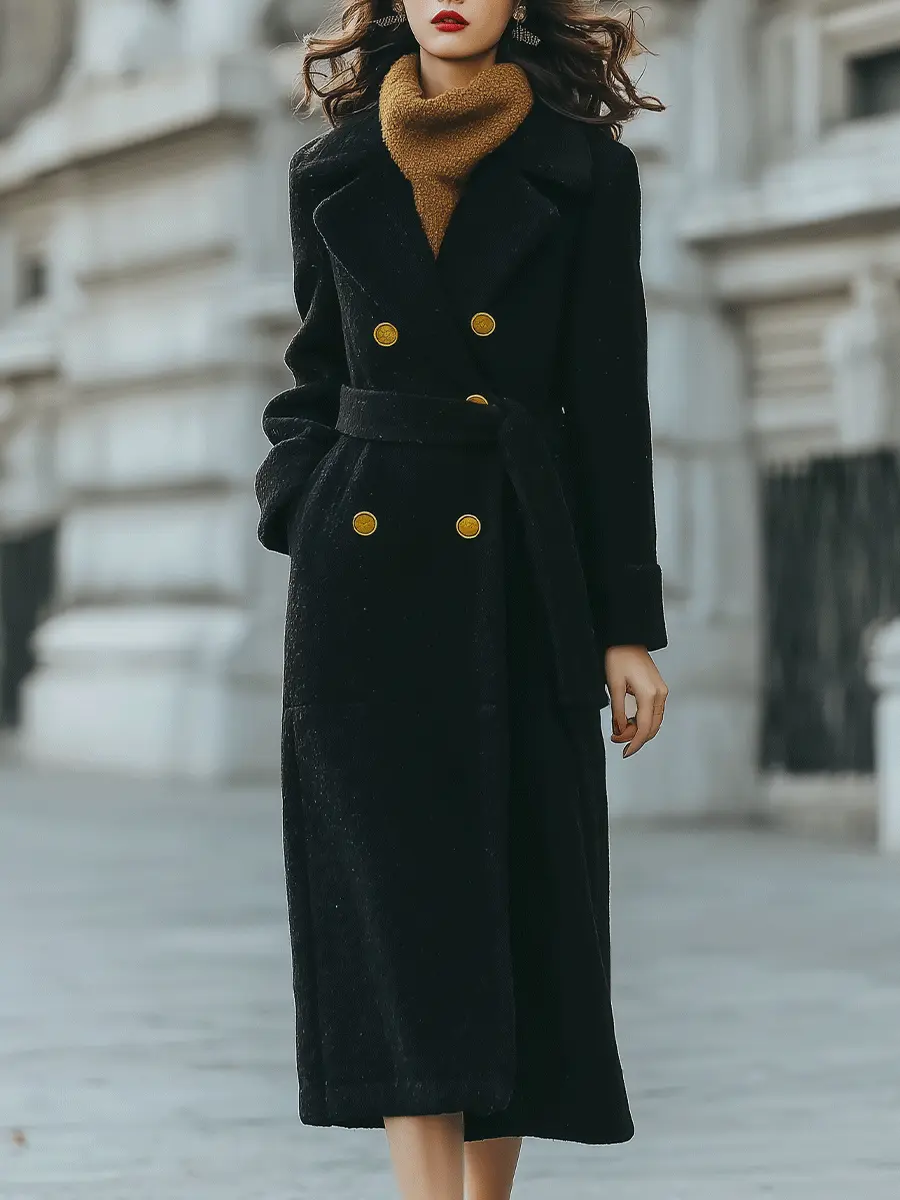 Black Double-Breasted Belted Tailored Coat - Long Coat CASA LARO