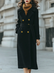 Black Double-Breasted Belted Tailored Coat - Long Coat CASA LARO
