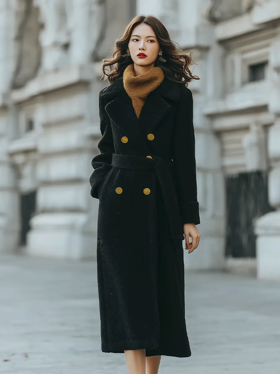 Black Double-Breasted Belted Tailored Coat - Long Coat CASA LARO