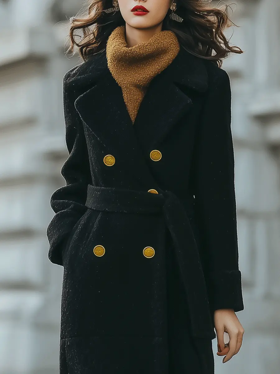 Black Double-Breasted Belted Tailored Coat - Long Coat CASA LARO