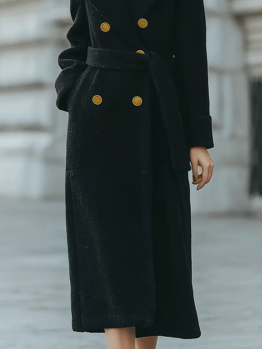 Black Double-Breasted Belted Tailored Coat - Long Coat CASA LARO