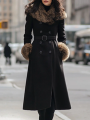 Black Double-Breasted Coat With Faux Fur Collar & Cuffs - Women's Coat CASA LARO