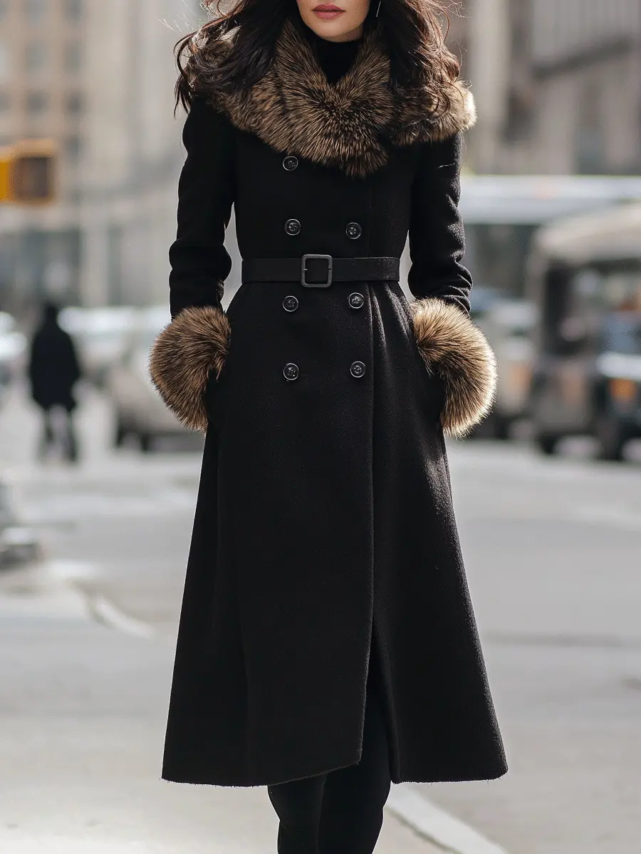 Black Double-Breasted Coat With Faux Fur Collar & Cuffs - Women's Coat CASA LARO
