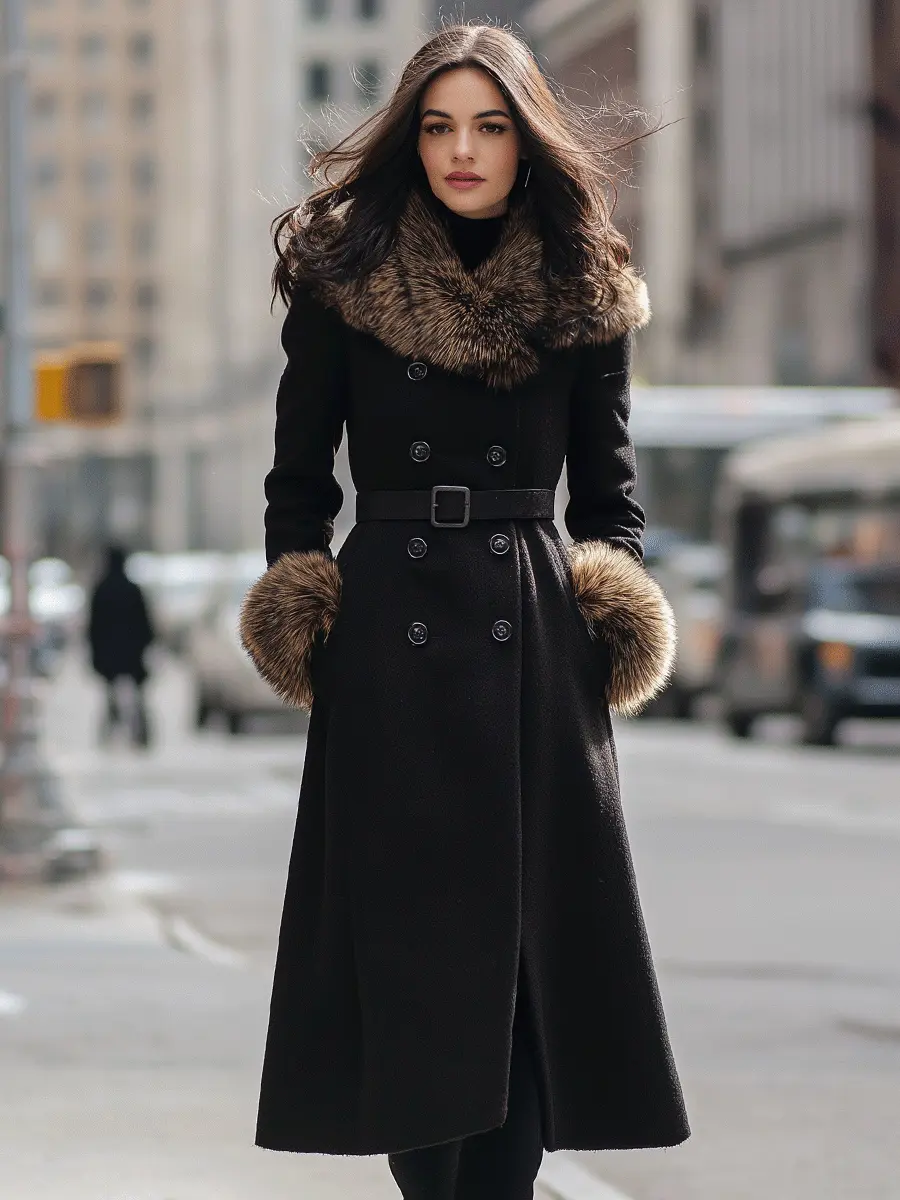 Black Double-Breasted Coat With Faux Fur Collar & Cuffs - Women's Coat CASA LARO