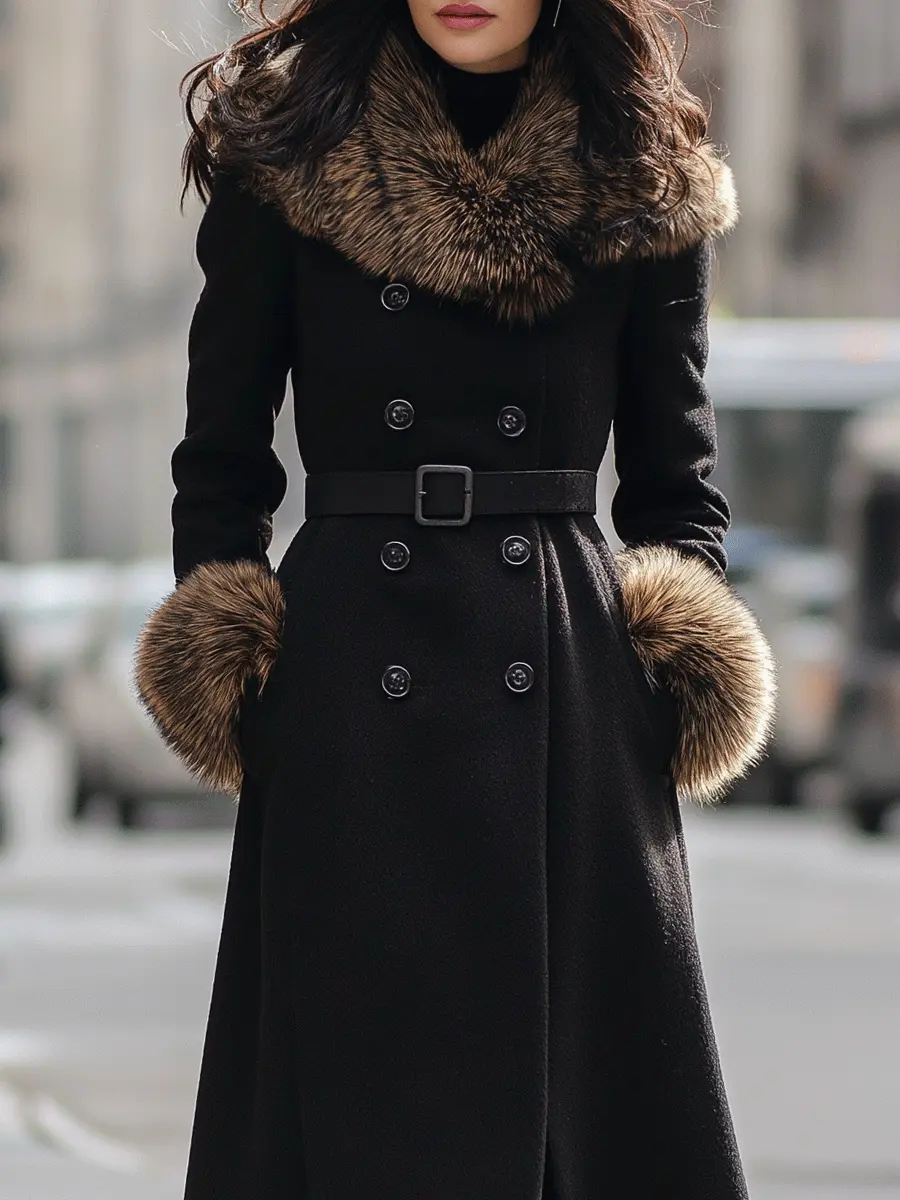 Black Double-Breasted Coat With Faux Fur Collar & Cuffs - Women's Coat CASA LARO