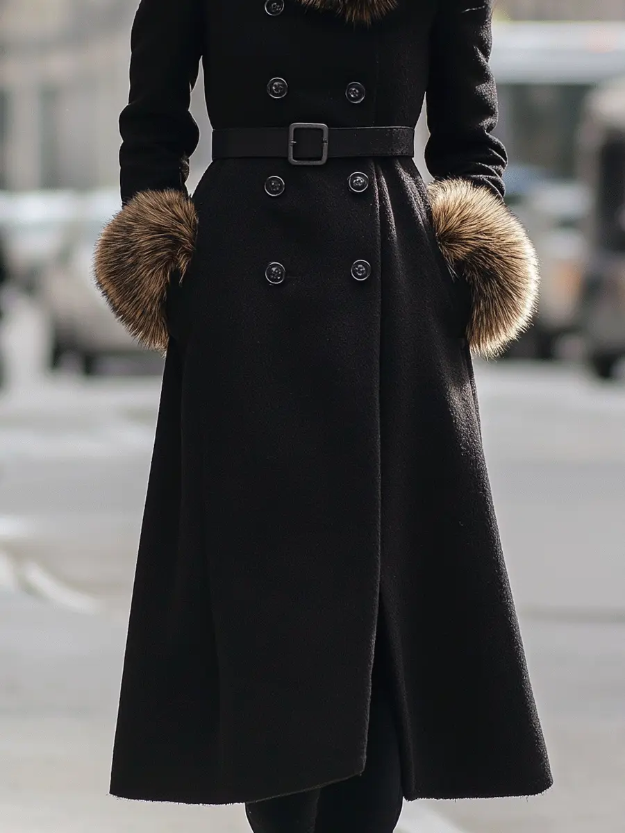 Black Double-Breasted Coat With Faux Fur Collar & Cuffs - Women's Coat CASA LARO