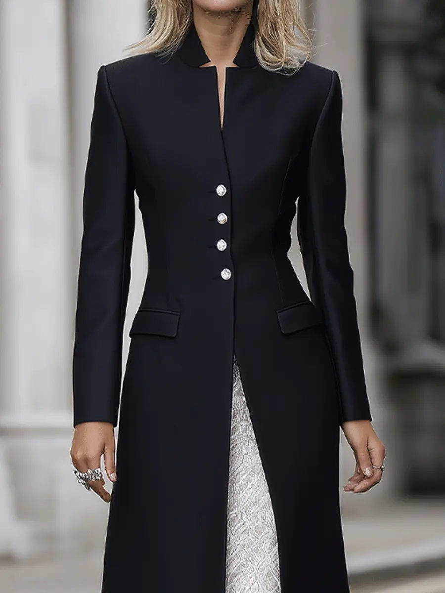 Black High-Collar Embellished Button Longline Coat Style - Midi Dress CASA LARO