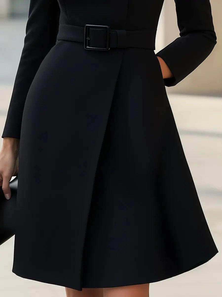 Black High-Neck Asymmetric Hem Belted A-Line - Midi Dress CASA LARO