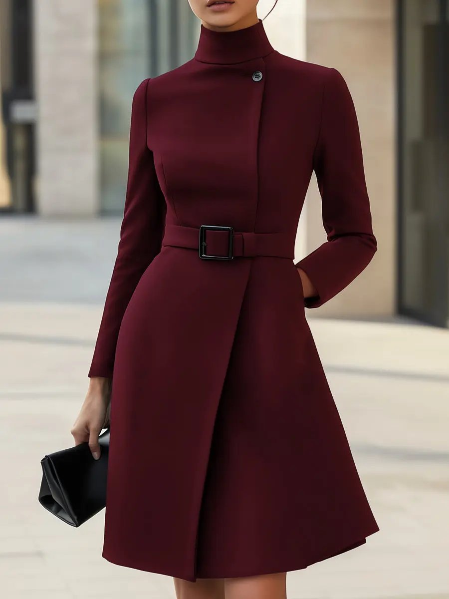 Black High-Neck Asymmetric Hem Belted A-Line - Midi Dress CASA LARO
