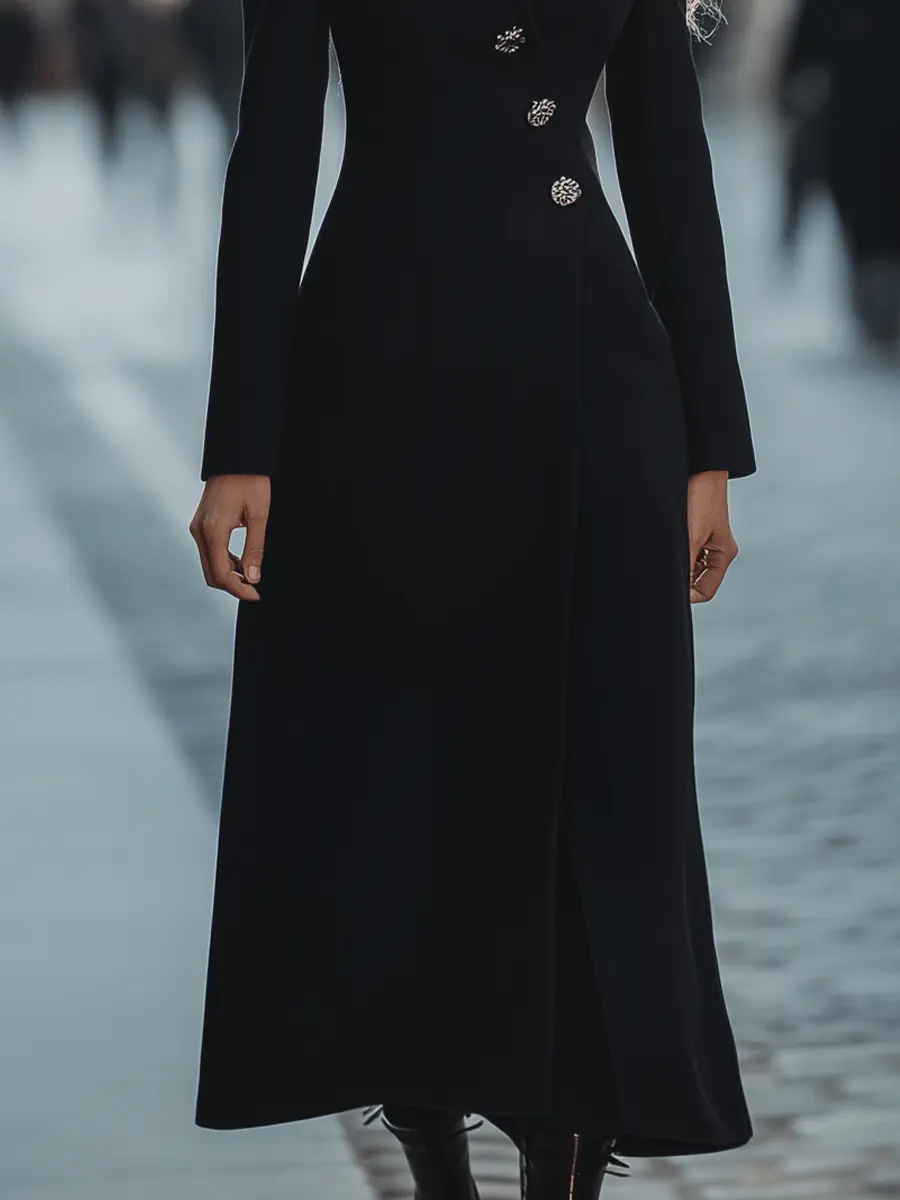 Black Longline Coat With Faux Fur Collar And Crystal Buttons - Coat CASA LARO