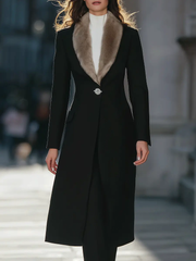 Black Longline Coat With Faux Fur Shawl Collar & Crystal Brooch Closure - Longline Coat CASA LARO