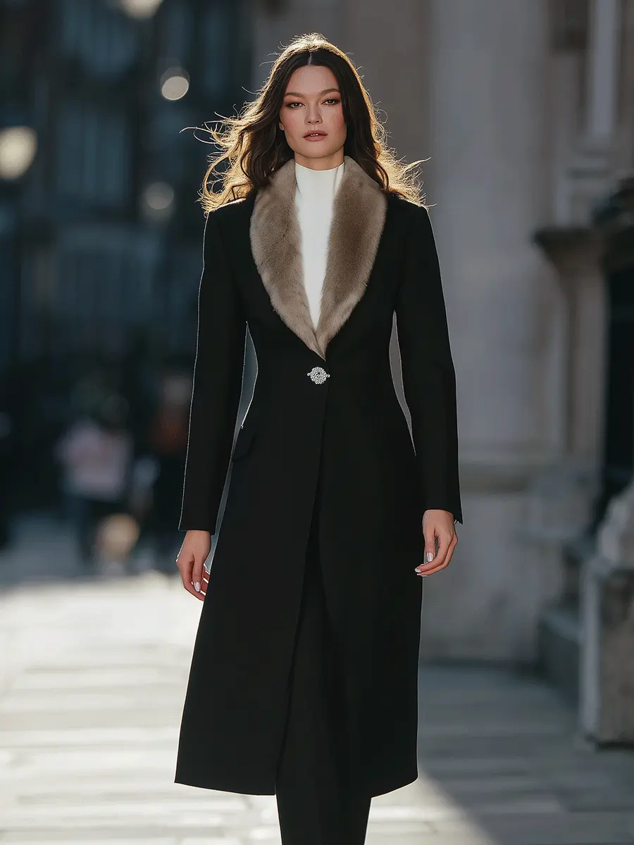 Black Longline Coat With Faux Fur Shawl Collar & Crystal Brooch Closure - Longline Coat CASA LARO