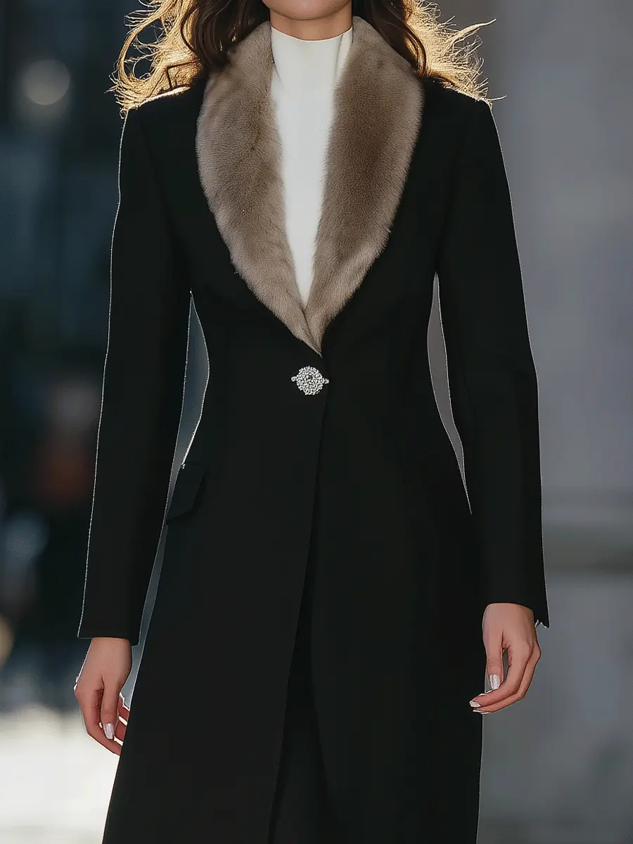 Black Longline Coat With Faux Fur Shawl Collar & Crystal Brooch Closure - Longline Coat CASA LARO