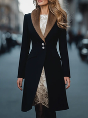 Black Longline Coat with Faux-Fur Collar & Crystal Buttons - Coat CASA LARO