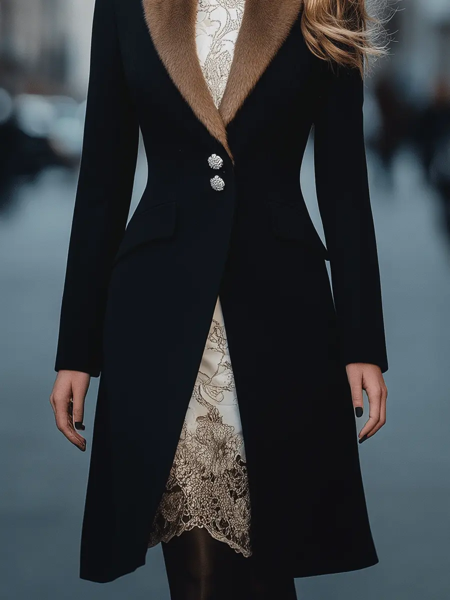 Black Longline Coat with Faux-Fur Collar & Crystal Buttons - Coat CASA LARO