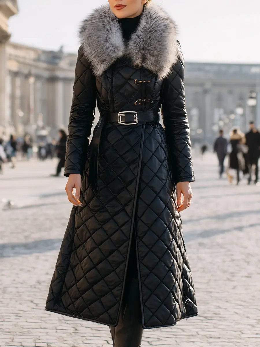 Black Quilted Coat With Faux Fur Collar & Belted Waist - Women's Coat CASA LARO