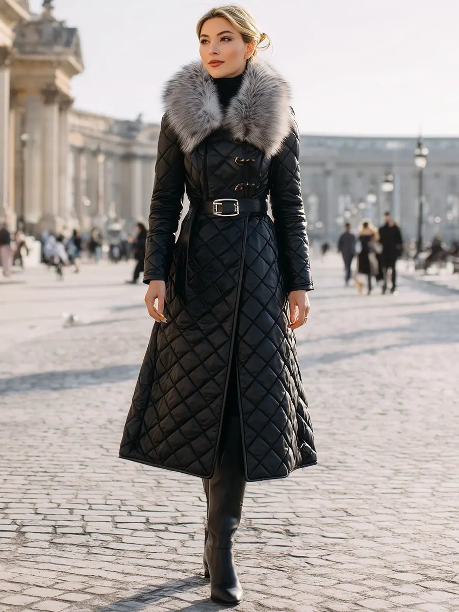 Black Quilted Coat With Faux Fur Collar & Belted Waist - Women's Coat CASA LARO