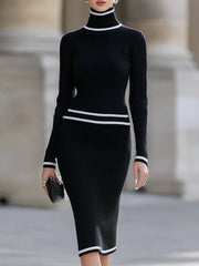 Black Ribbed Knit With White Contrast Trim - Midi Dress CASA LARO