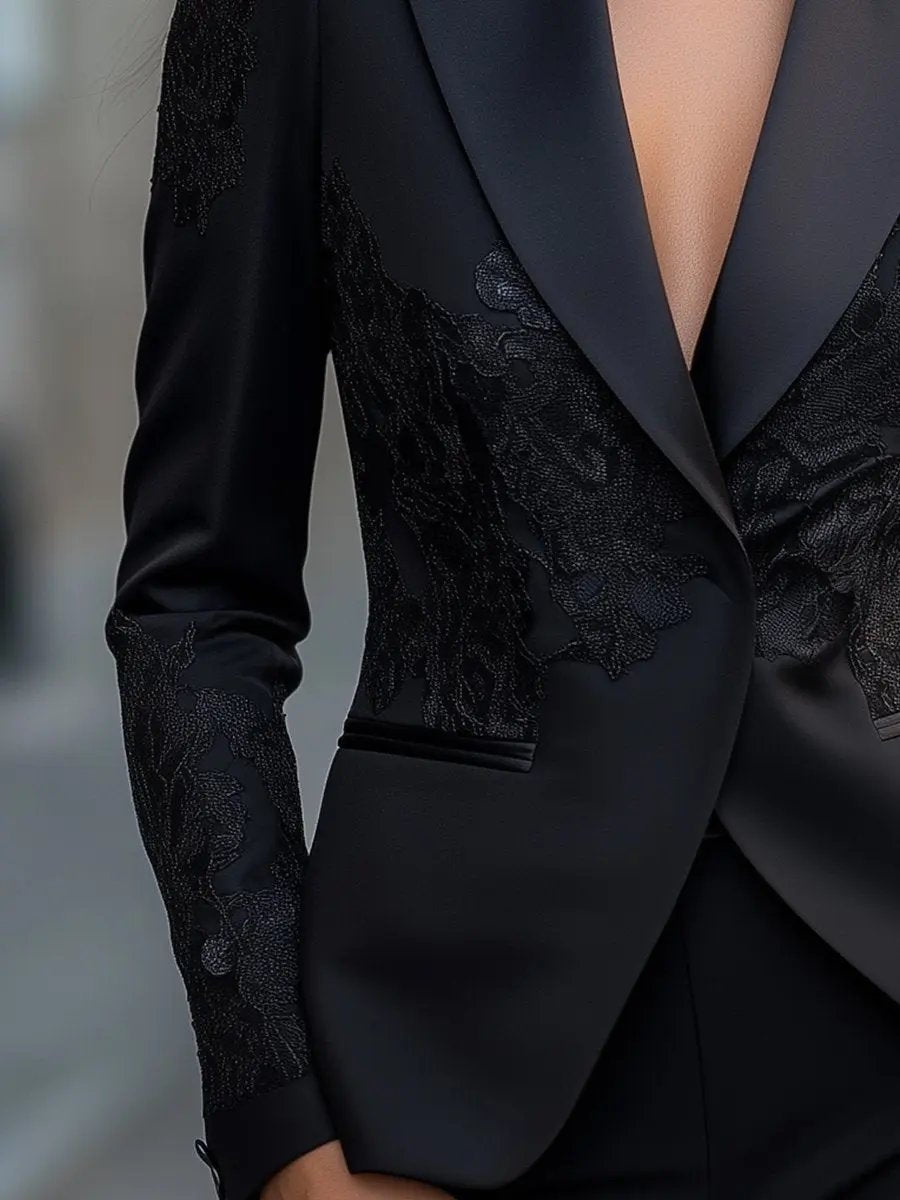 Black Satin Lace Embroidery Detail - Blazer CASA LARO