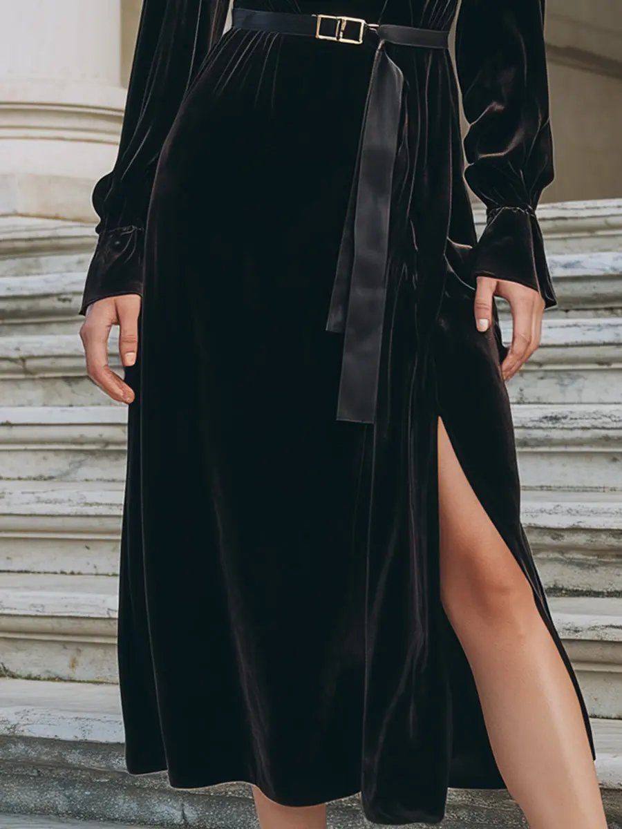 Black Velvet Belted Wrap - Midi Dress CASA LARO