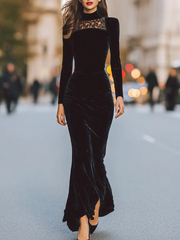 Black Velvet Long Sleeve Lace Yoke - Maxi Dress CASA LARO