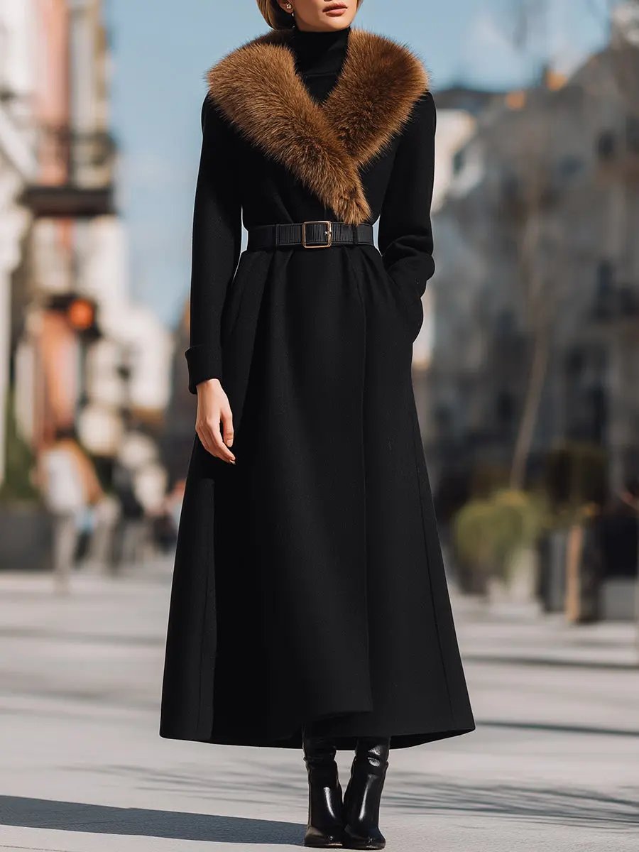 Black Wool with Wide Faux Fur Collar - Women's Wool Coat CASA LARO