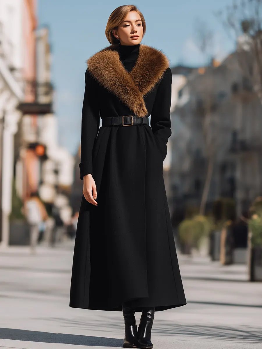 Black Wool with Wide Faux Fur Collar - Women's Wool Coat CASA LARO