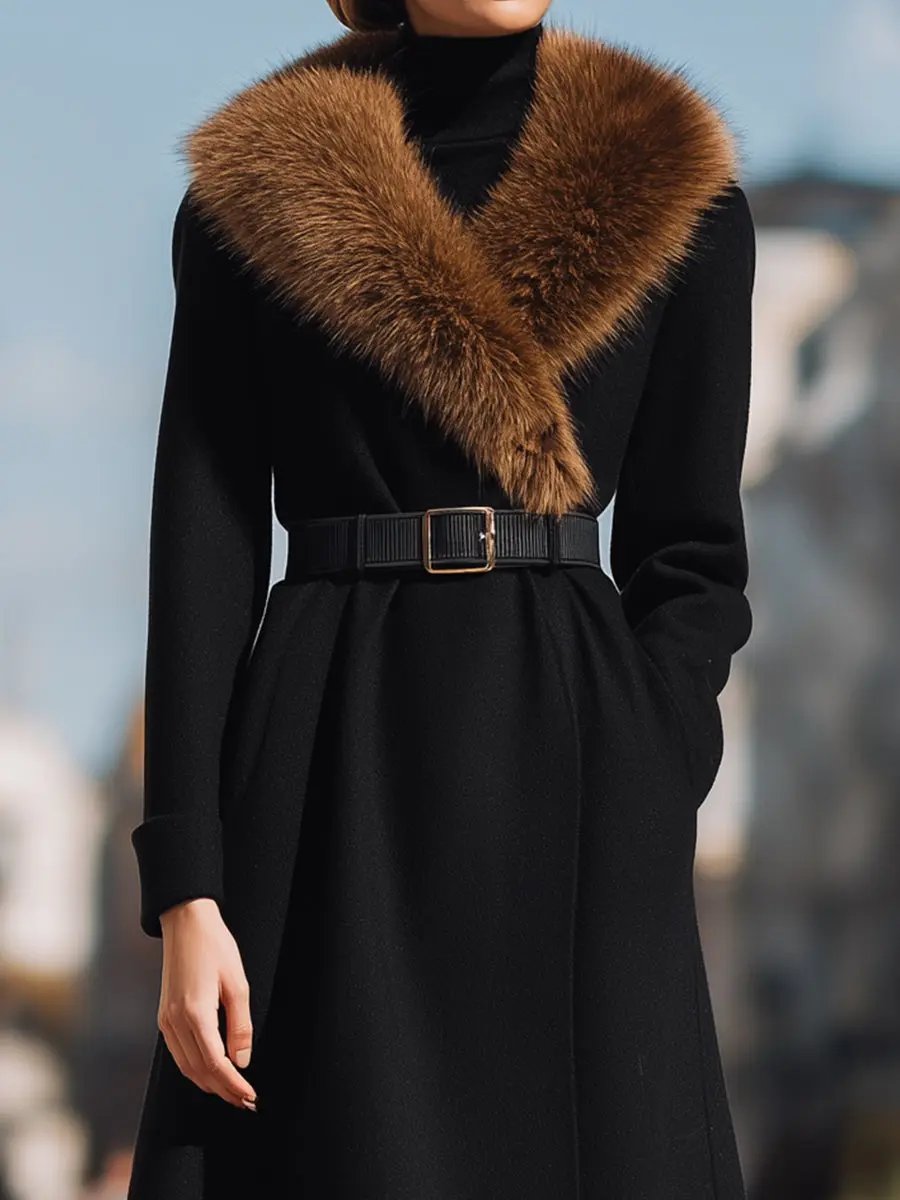 Black Wool with Wide Faux Fur Collar - Women's Wool Coat CASA LARO