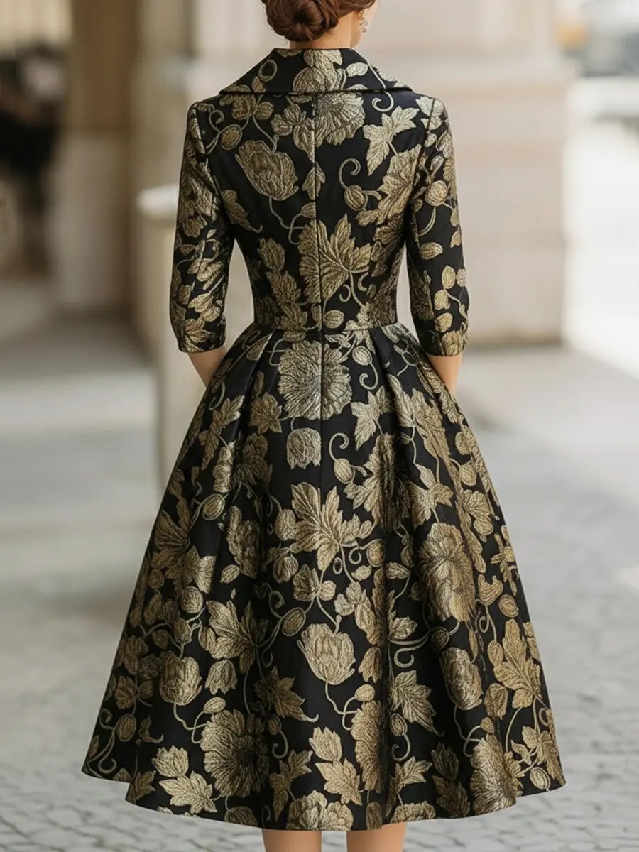 Black and Gold Jacquard Floral Metallic Detail - Midi Dress CASA LARO