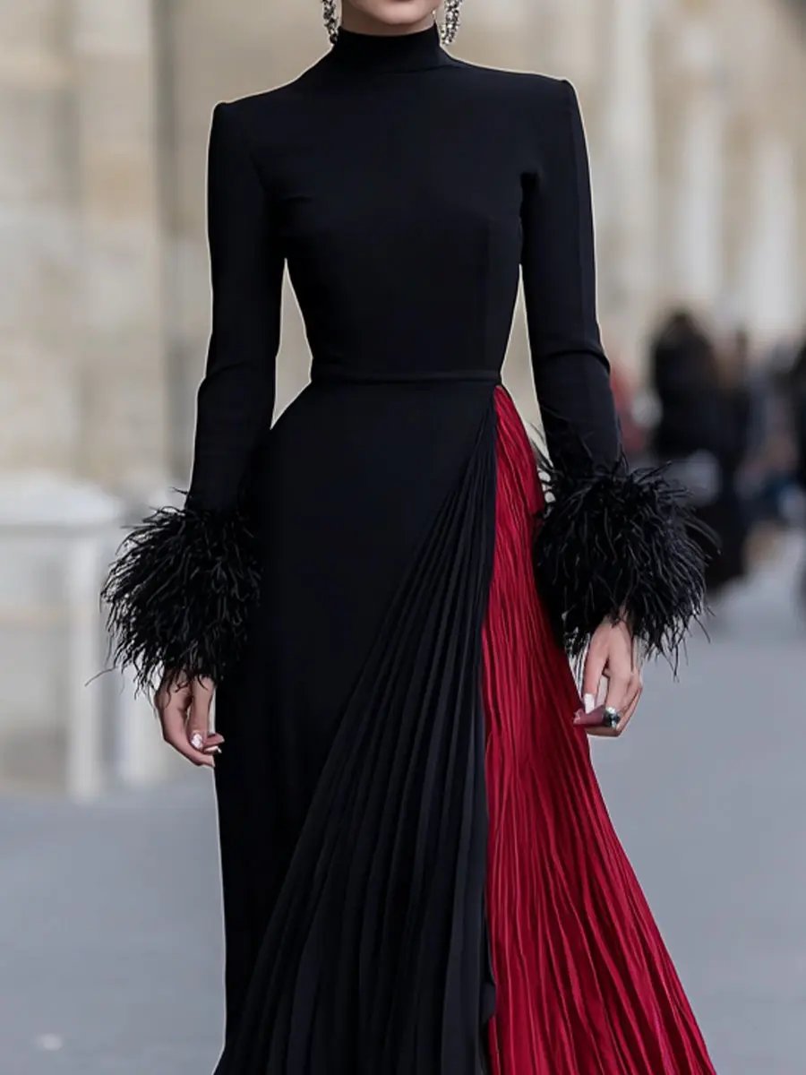 Black and Red Pleated Feather-Cuff Gown - Maxi Dress CASA LARO