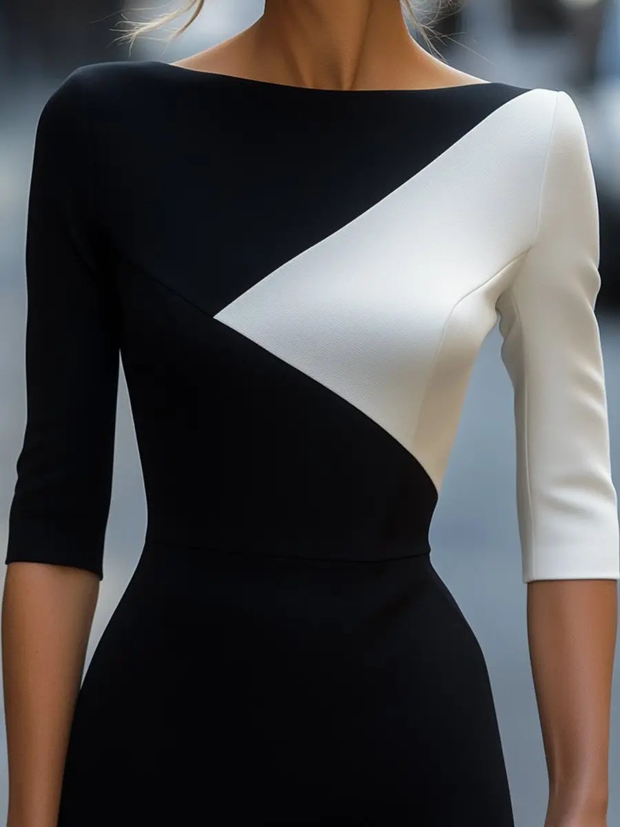 Black and White Colorblock Minimalist Style - Midi Dress CASA LARO