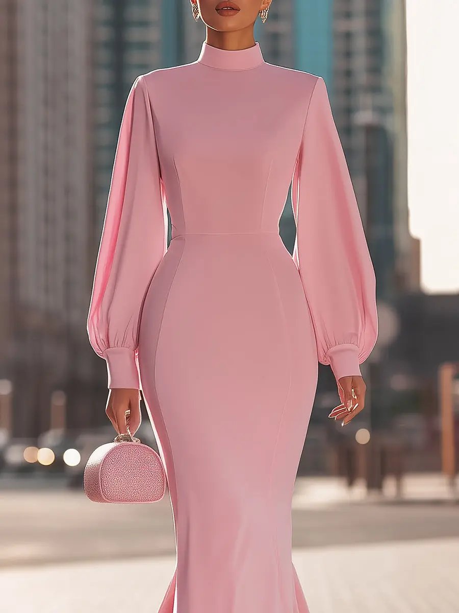 Blush Pink High‑Neck Mermaid Silhouette With Balloon Sleeves - Maxi Dress CASA LARO