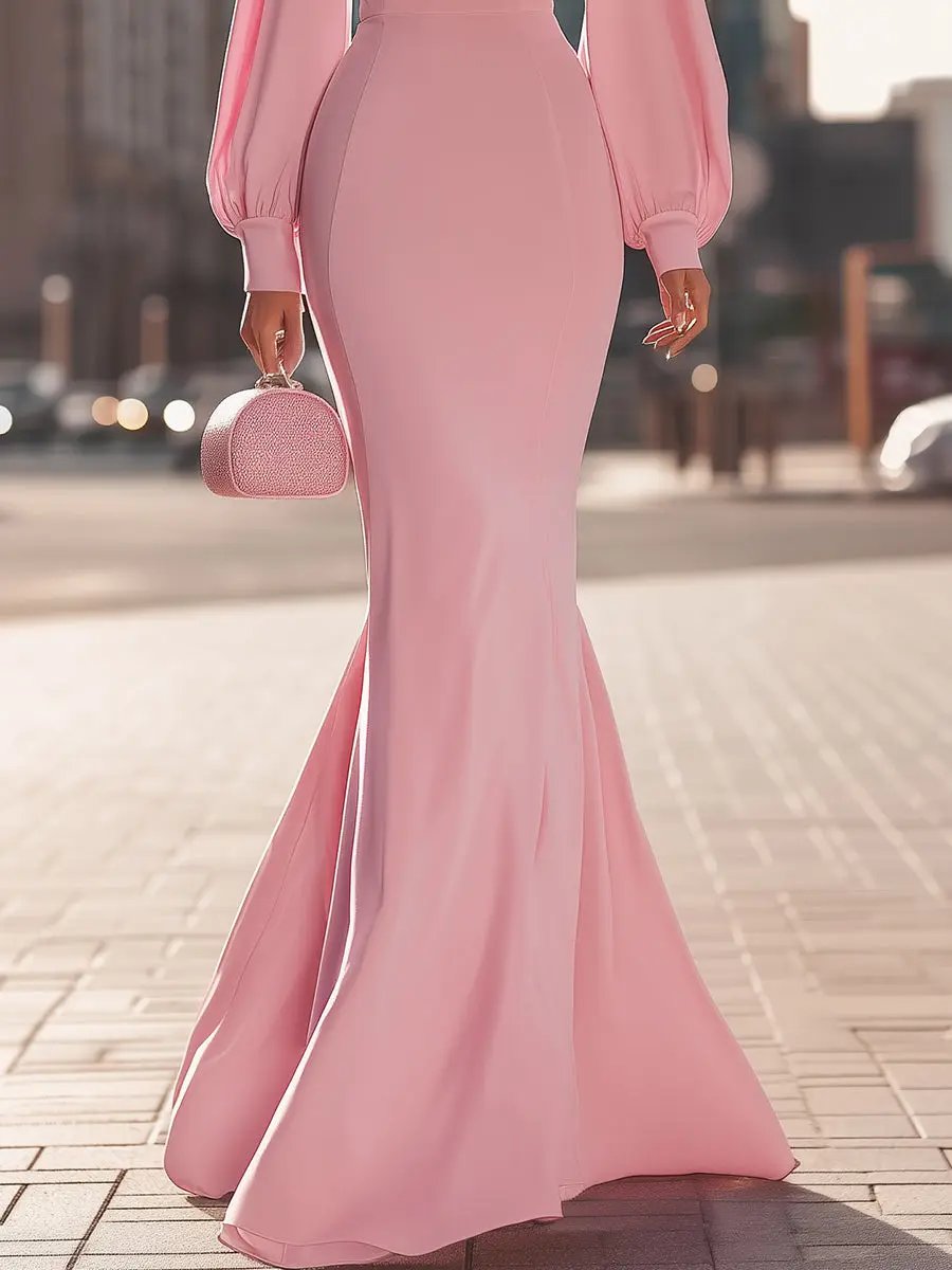 Blush Pink High‑Neck Mermaid Silhouette With Balloon Sleeves - Maxi Dress CASA LARO
