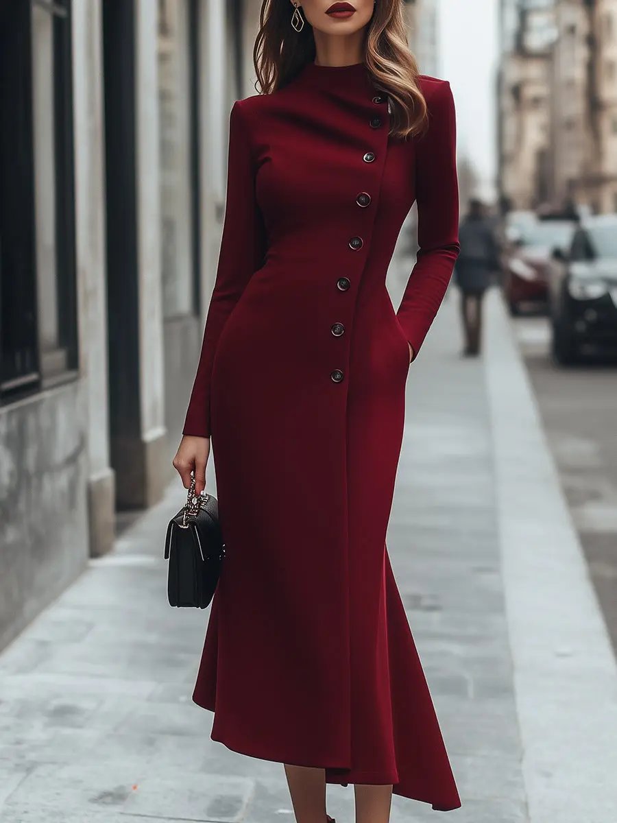 Burgundy Asymmetric Button-Front Long-Sleeve - Midi Dress CASA LARO
